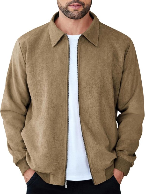 Men's Casual Suede Bomber Jacket Lightweight Full Zip Up Jackets Vintage Faux Leather Jacket