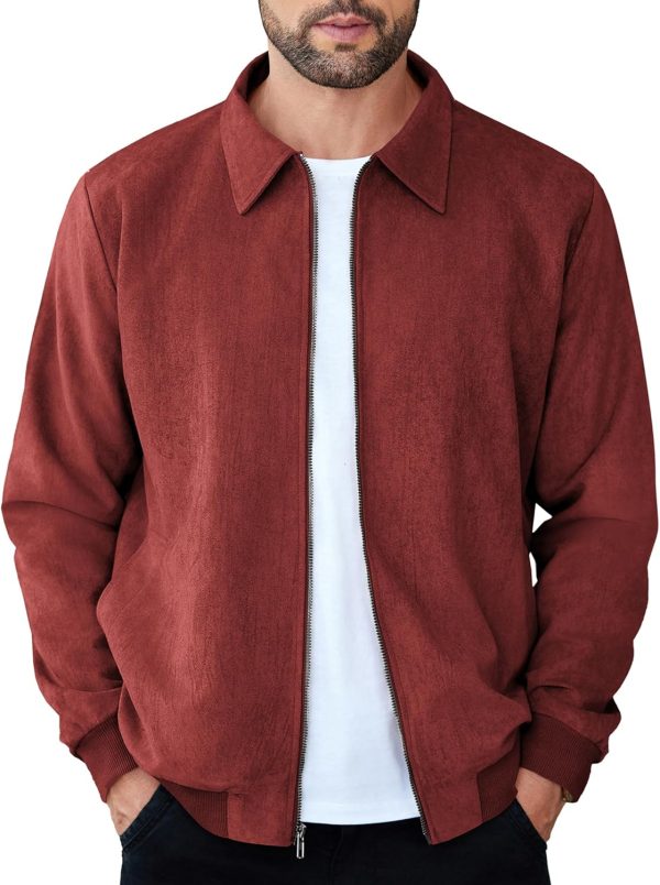 Men's Casual Suede Bomber Jacket Lightweight Full Zip Up Jackets Vintage Faux Leather Jacket
